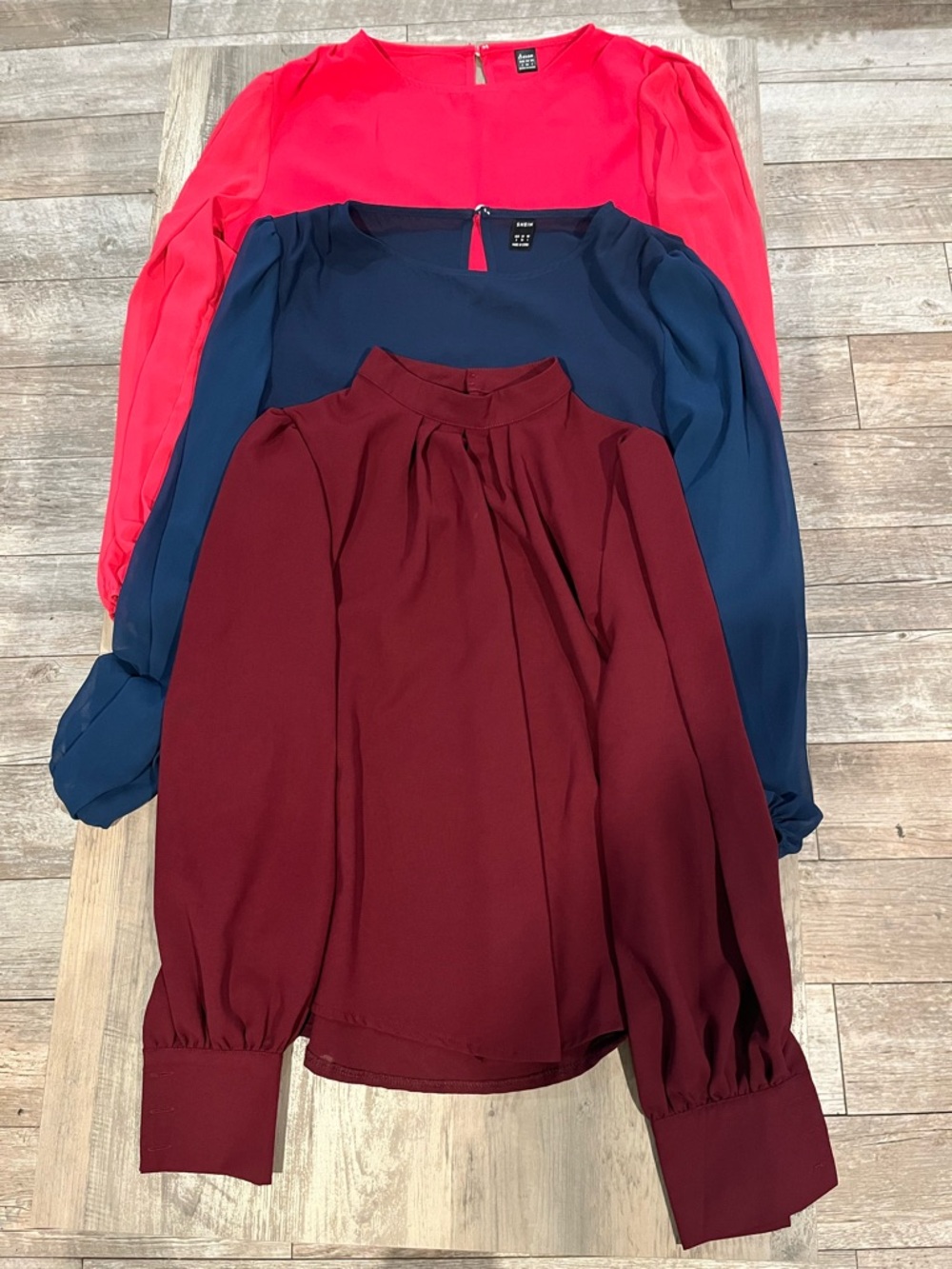 Brand New! SHEIN 3-Pack Small Long-Sleeve Blouse Set — Burgundy, Navy, Coral